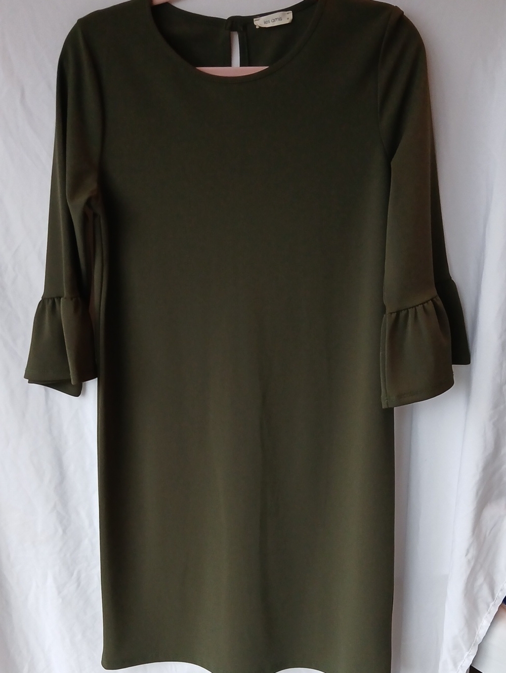 33. Women's Olive Green Shift Dress with Ruffle Sleeves